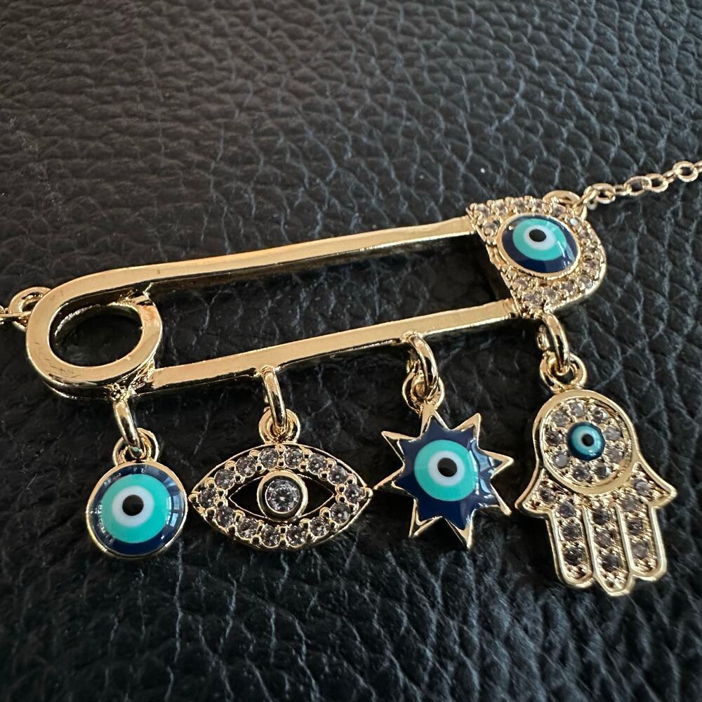 Evil Eye Hamsa Safety Pin Gold Tone w/Turquoise Accents Necklace